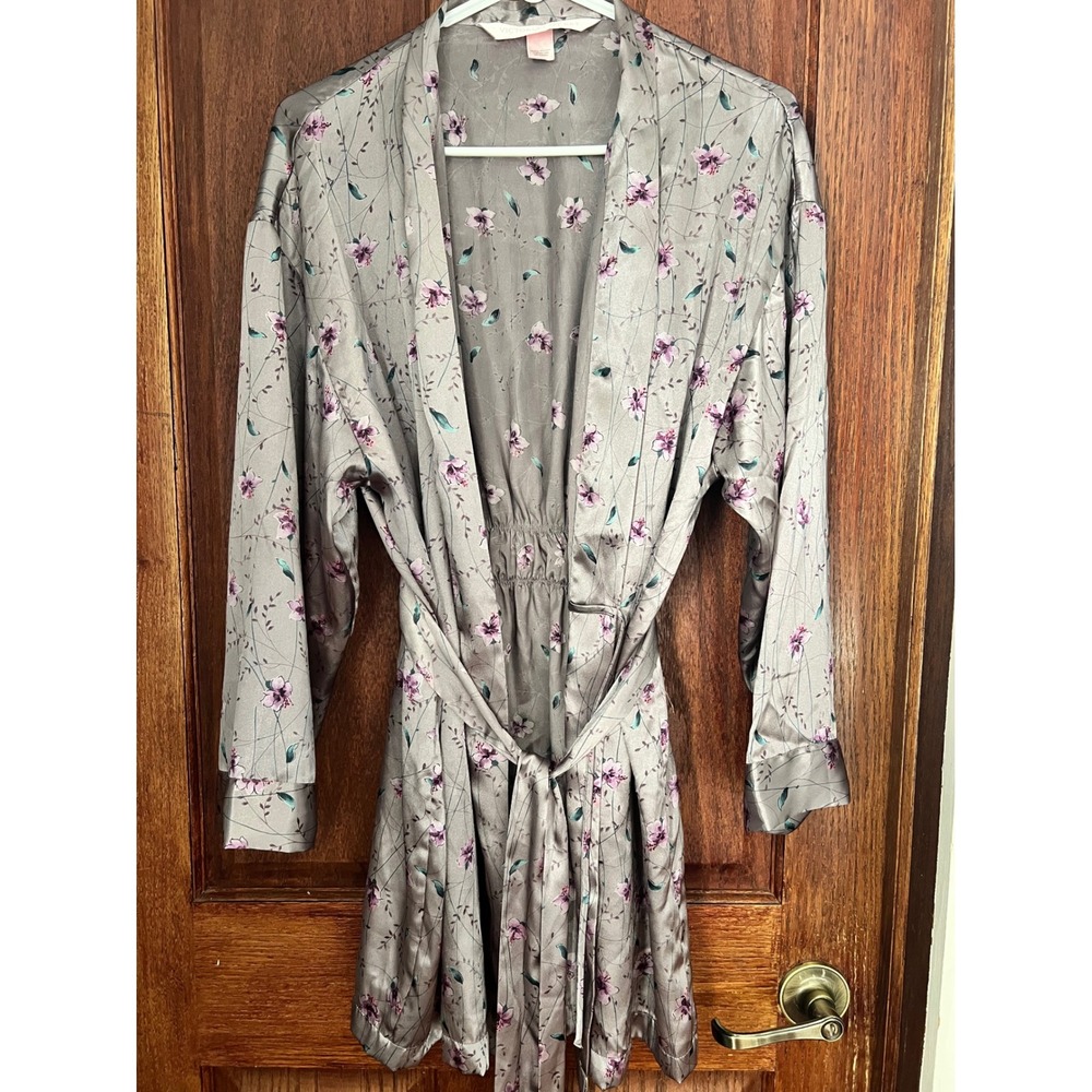 Victoria's Secret Satin Floral Robe Grey Purple Short Wrap Kimono Sleepwear L
